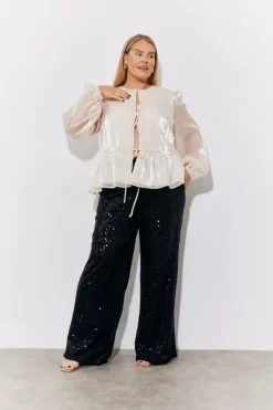 Discount In the Style Organza Tie Front Puff Sleeve Top Cream