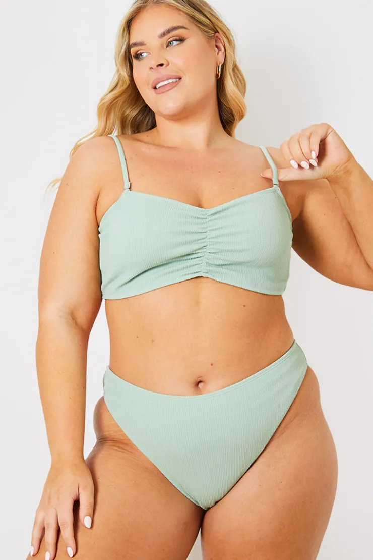 Best In the Style Crinkle Ruched Front Bandeau Bikini Top Sage