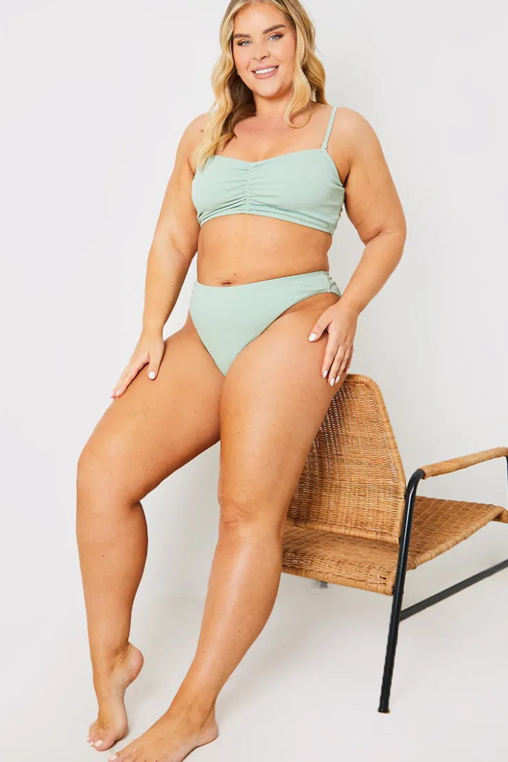 Best In the Style Crinkle Ruched Front Bandeau Bikini Top Sage