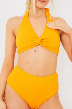 Discount In the Style Crinkle Twist Front Halter Neck Bikini Top Orange