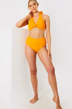 Discount In the Style Crinkle Twist Front Halter Neck Bikini Top Orange