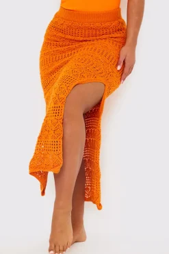 Best In the Style Crochet Midaxi Skirt Orange