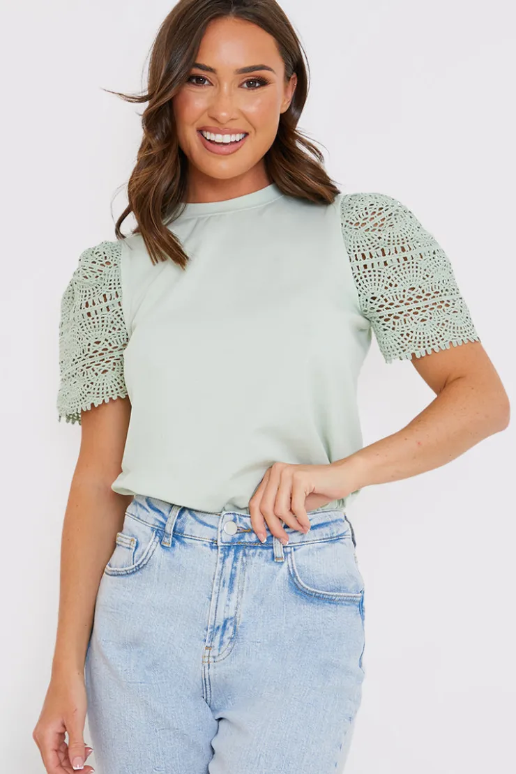 Sale In the Style Crochet Sleeve T-Shirt