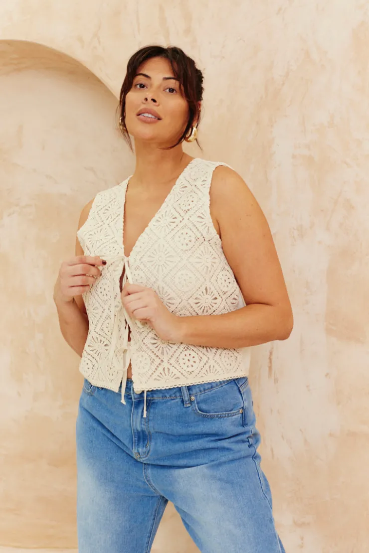 Sale In The Style Crochet Tie Front Top Stone