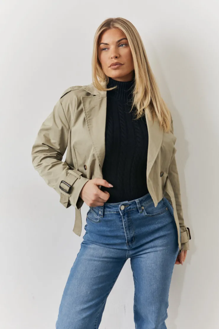 Sale Fits Cropped Belted Trench Coat Khaki