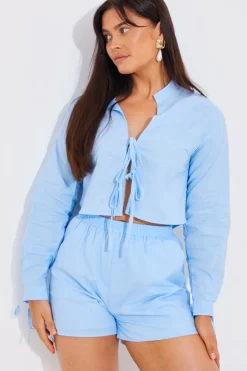 New In the Style Cropped Tie Front Linen Look Co-Ord Shirt Blue