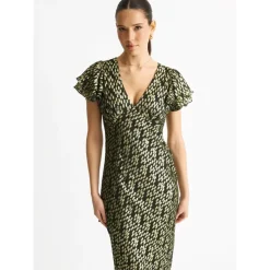New Gini London Dark Green Viscose Clipped Gold Jacquard Bias Cut Maxi Dress