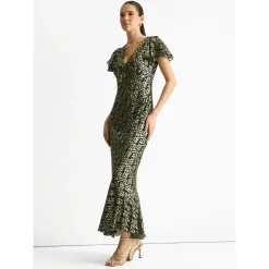 New Gini London Dark Green Viscose Clipped Gold Jacquard Bias Cut Maxi Dress