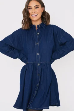 Hot In the Style Dark Wash Mini Smock Shirt Dress Denim