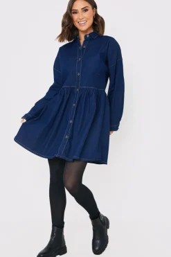 Hot In the Style Dark Wash Mini Smock Shirt Dress Denim