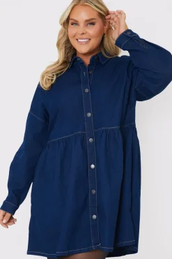 Hot In the Style Dark Wash Mini Smock Shirt Dress Denim