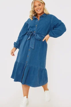 Hot In the Style Denim Belted Tiered Midaxi Shirt Dress Blue