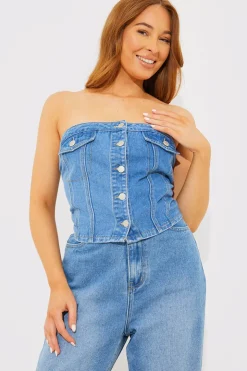 Online In The Style Denim Button Through Bandeau Top Blue