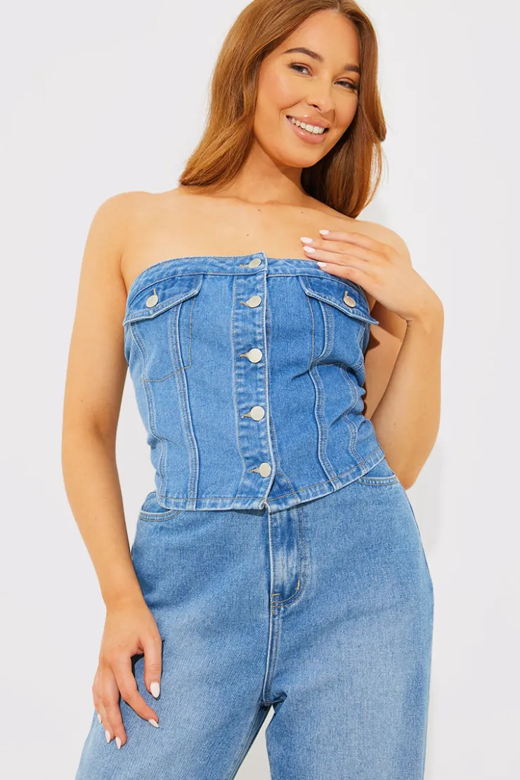 Online In The Style Denim Button Through Bandeau Top Blue