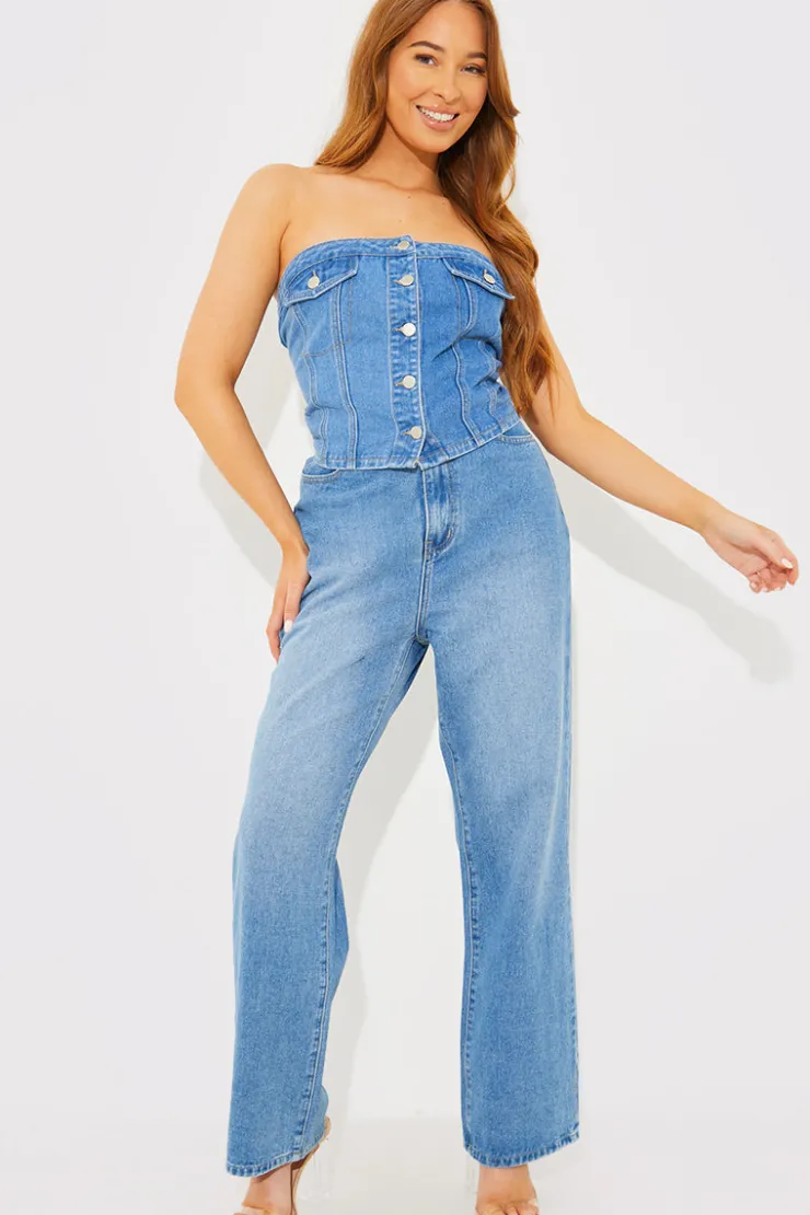 Online In The Style Denim Button Through Bandeau Top Blue