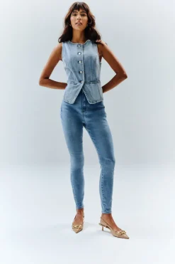 Clearance In The Style Denim Crew Neck Waistcoat Blue