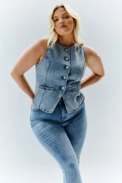 Clearance In The Style Denim Crew Neck Waistcoat Blue