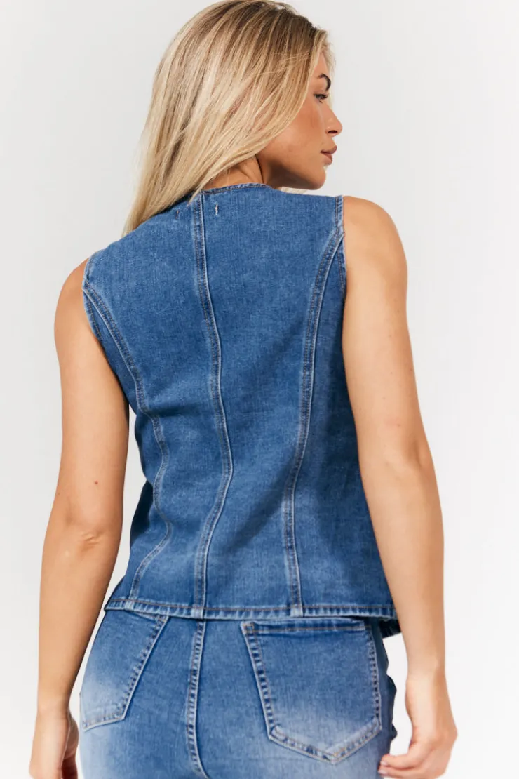 In The Style Denim Crew Neck Waistcoat Midblue