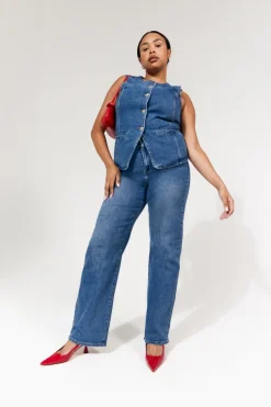 In The Style Denim Crew Neck Waistcoat Midblue