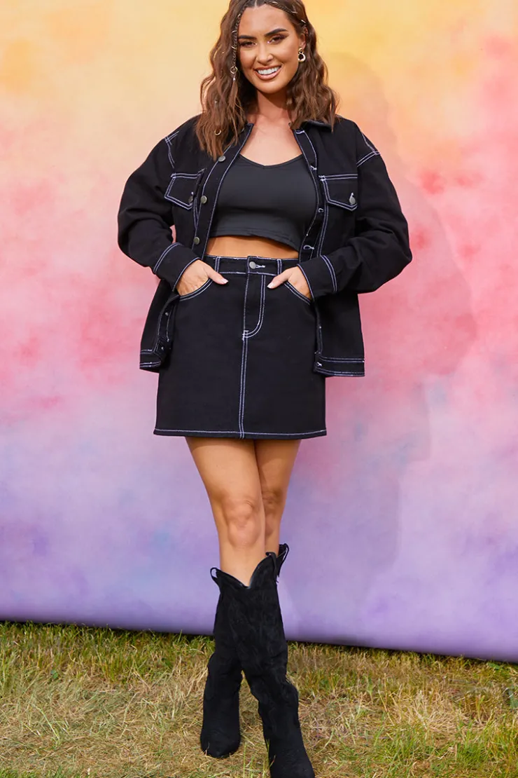 New In the Style Denim Skirt With Contrast Stitching Co ord Black