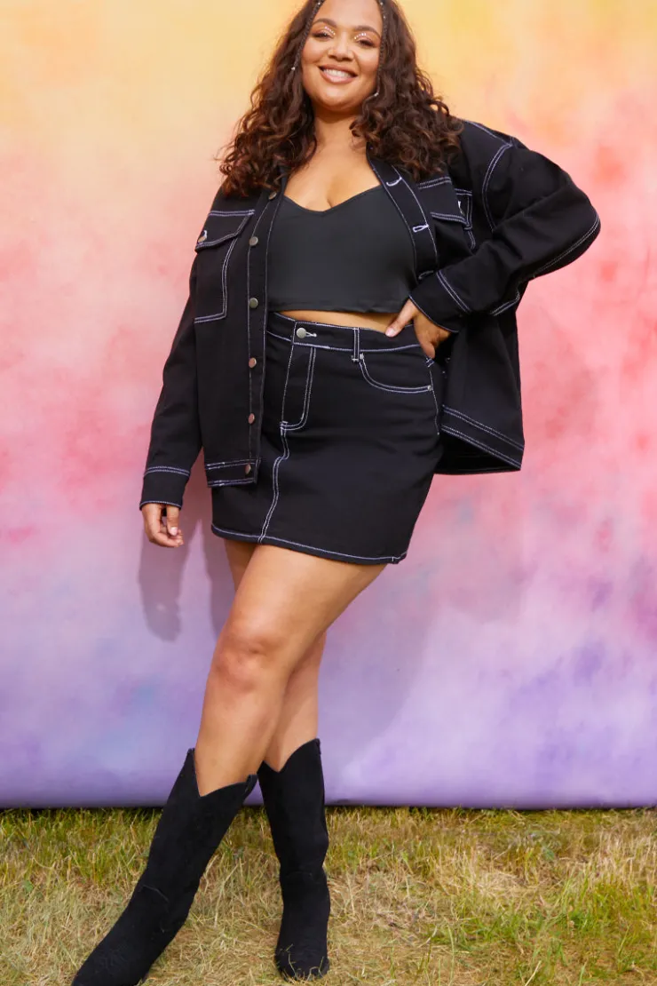 New In the Style Denim Skirt With Contrast Stitching Co ord Black
