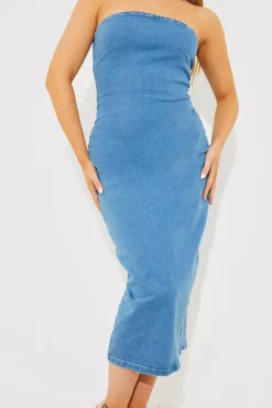 Best In the Style Denim Slim Fit Bandeau Midi Dress Blue