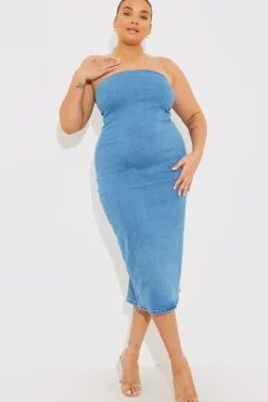 Best In the Style Denim Slim Fit Bandeau Midi Dress Blue