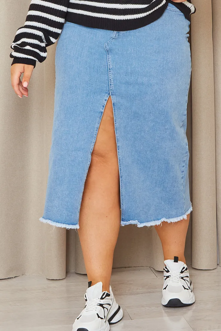 Online In the Style Denim Split Detail Midi Skirt Blue