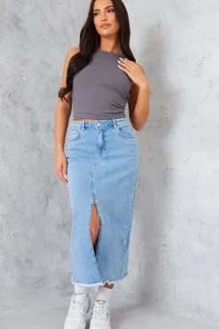 Online In the Style Denim Split Detail Midi Skirt Blue