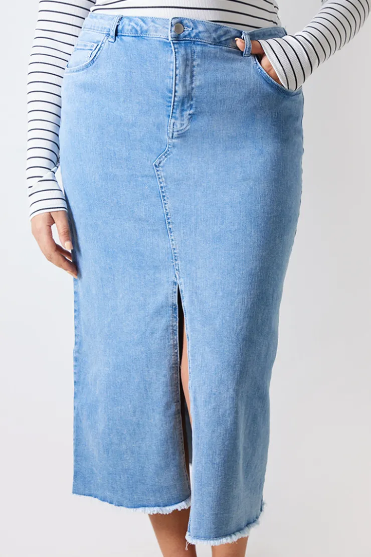 Online In the Style Denim Split Detail Midi Skirt Blue