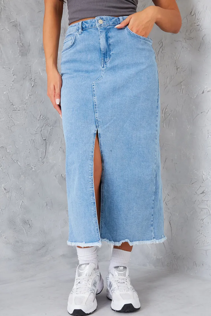 Online In the Style Denim Split Detail Midi Skirt Blue