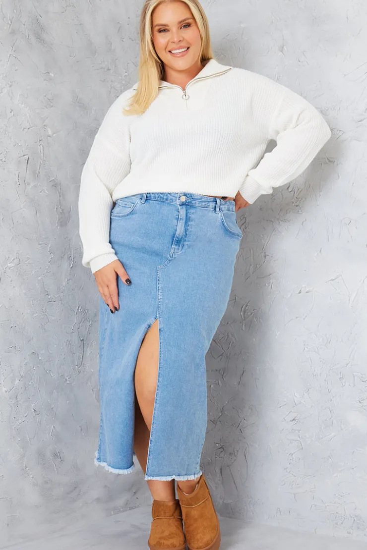 Online In the Style Denim Split Detail Midi Skirt Blue