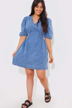 Clearance In The Style Denim V Neck Shirred Waist Tie Back Mini Dress Blue