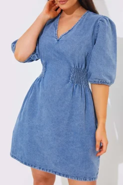 Clearance In The Style Denim V Neck Shirred Waist Tie Back Mini Dress Blue