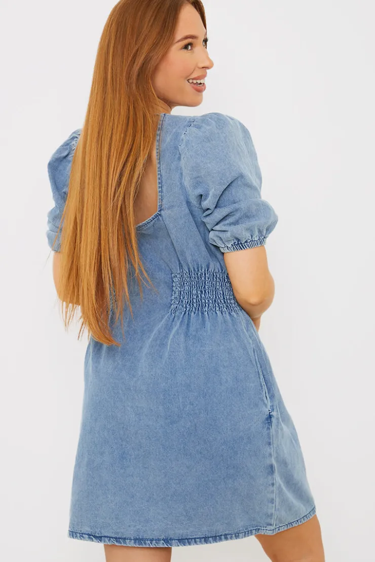 Clearance In The Style Denim V Neck Shirred Waist Tie Back Mini Dress Blue