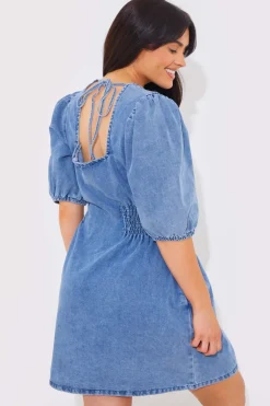 Clearance In The Style Denim V Neck Shirred Waist Tie Back Mini Dress Blue