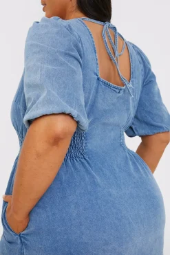 Clearance In The Style Denim V Neck Shirred Waist Tie Back Mini Dress Blue
