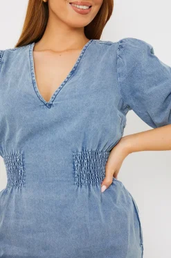 Clearance In The Style Denim V Neck Shirred Waist Tie Back Mini Dress Blue