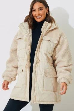 Hot In the Style Detachable Hood Borg Puffer Coat Cream