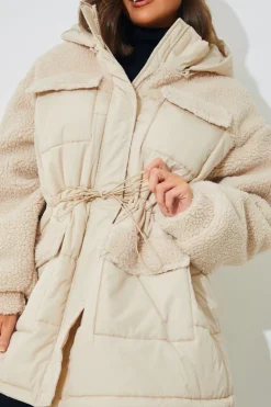 Hot In the Style Detachable Hood Borg Puffer Coat Cream