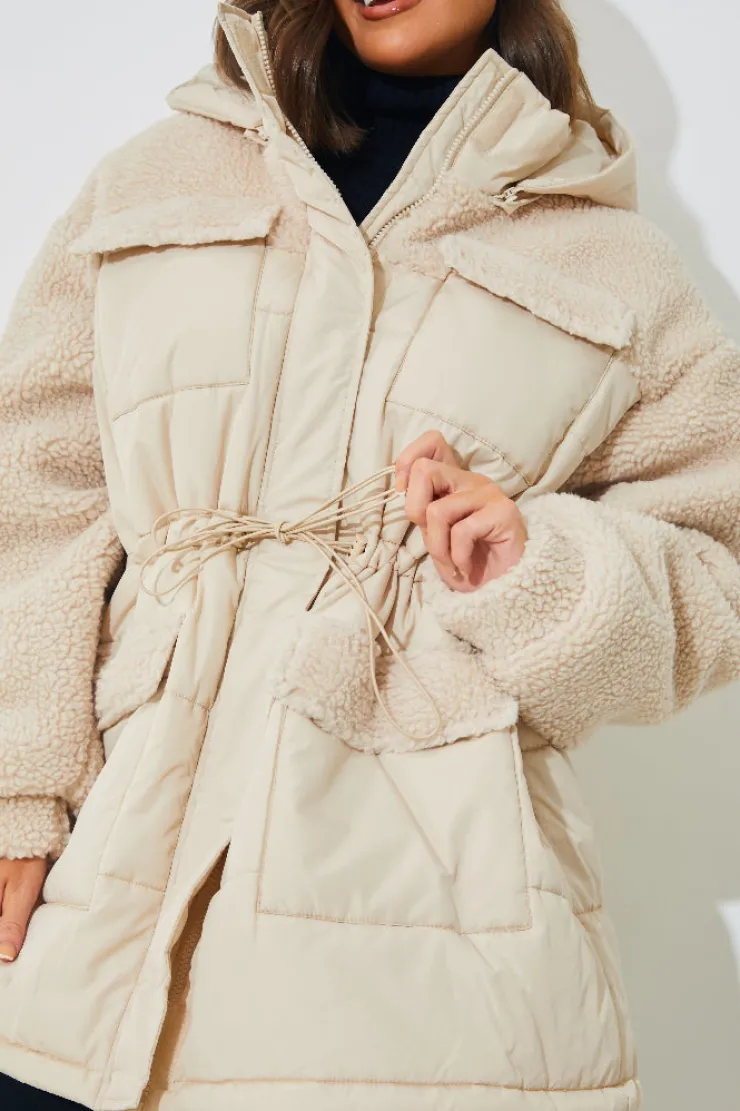 Hot In the Style Detachable Hood Borg Puffer Coat Cream
