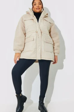 Hot In the Style Detachable Hood Borg Puffer Coat Cream