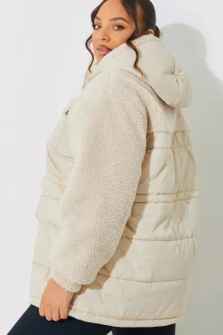 Hot In the Style Detachable Hood Borg Puffer Coat Cream
