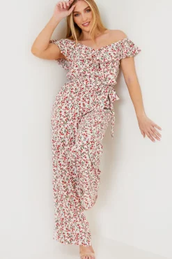 Sale In the Style Ditsy Floral Print Wrap Bardot Jumpsuit Cream