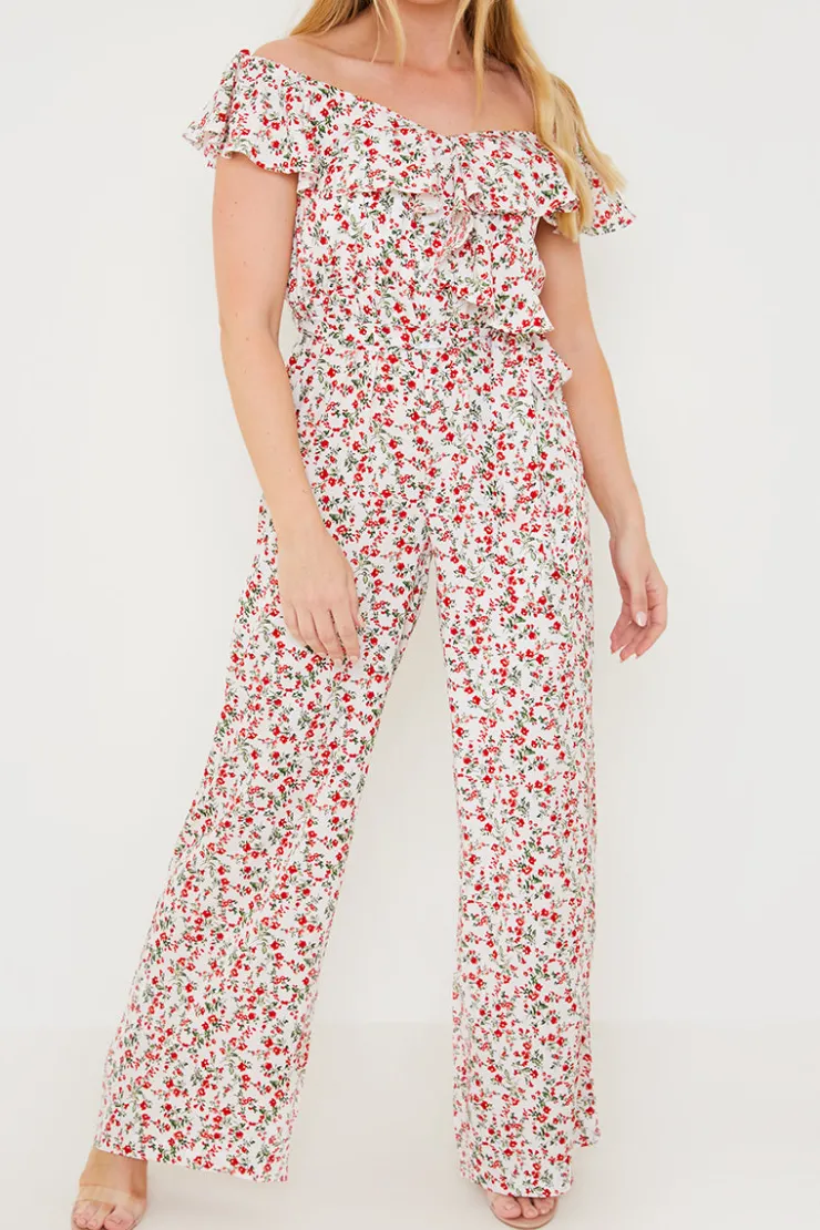 Sale In the Style Ditsy Floral Print Wrap Bardot Jumpsuit Cream