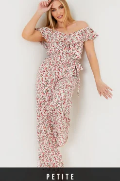 Sale In the Style Ditsy Floral Print Wrap Bardot Jumpsuit Cream