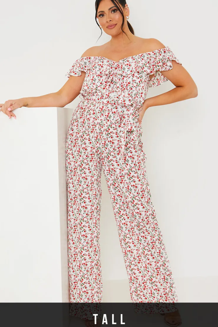 Sale In the Style Ditsy Floral Print Wrap Bardot Jumpsuit Cream