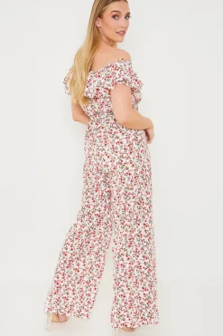Sale In the Style Ditsy Floral Print Wrap Bardot Jumpsuit Cream