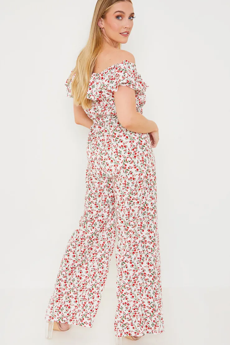 Sale In the Style Ditsy Floral Print Wrap Bardot Jumpsuit Cream