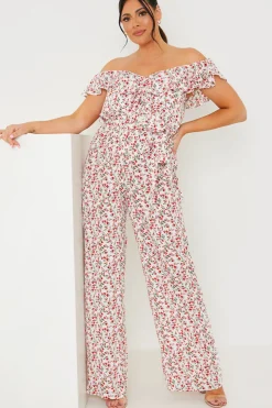 Sale In the Style Ditsy Floral Print Wrap Bardot Jumpsuit Cream